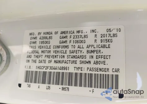 2010 Honda Accord 2.4 Lx из США, поврежденный, VIN 1HGCP2F30AA148961